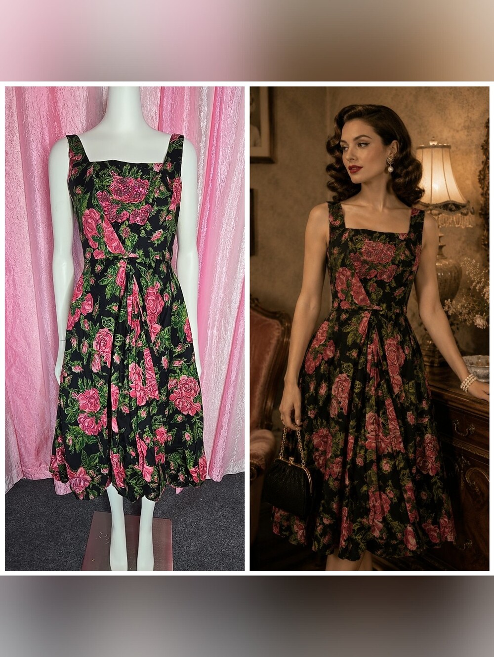 Lee Claire Vintage Green Pink Exquisite 60's Beaded Floral Dress Size Small